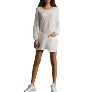 New Directions Off White 3/4  Length Lace Sleeve Asymmetrical Top Size M